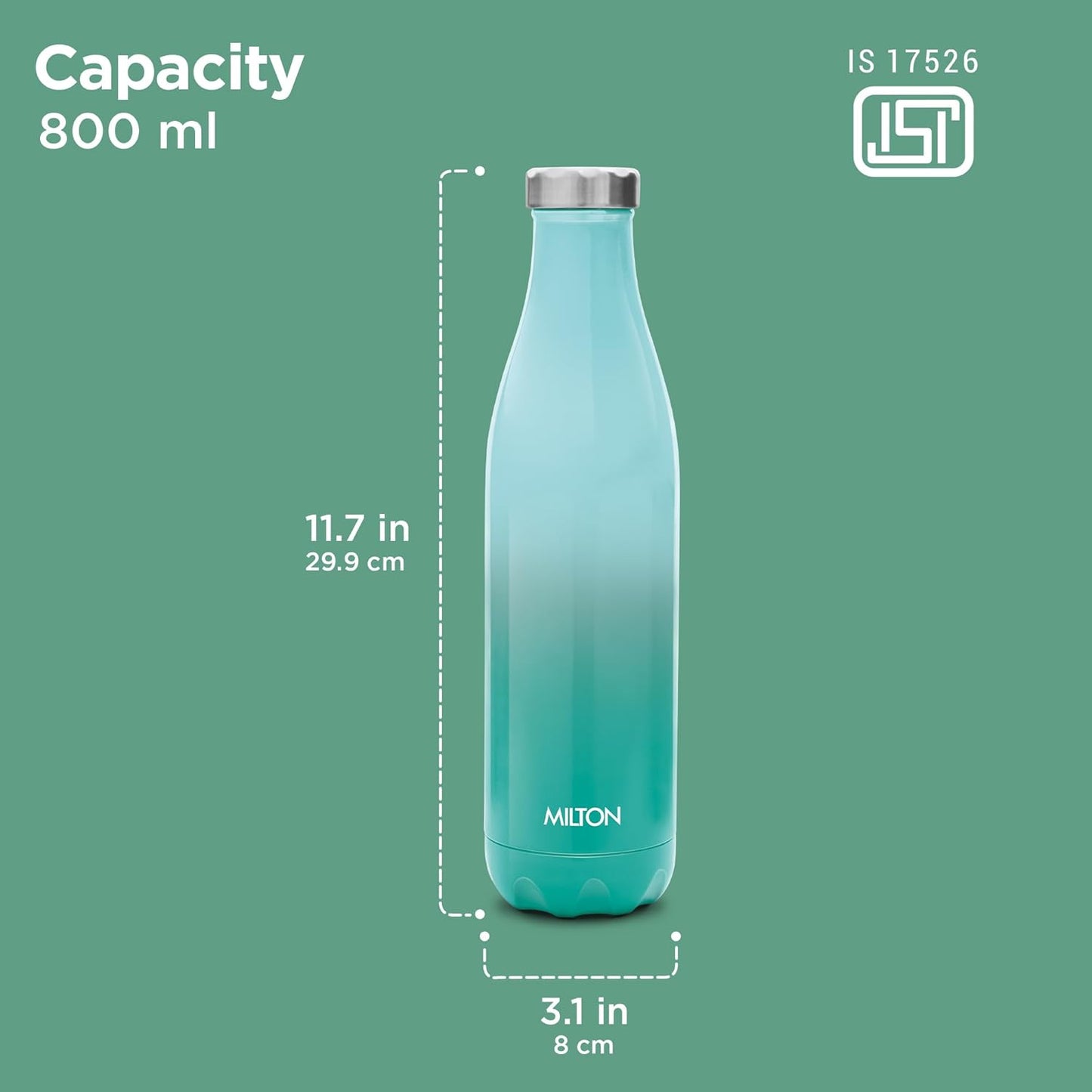 Milton Prudent Thermosteel Bottle, 800 ml Water Bottle, 24 Hours Hot and Cold, Double Wall Vacuum Insulated, Water Bottles, Tea Flask/Coffee Flask for Sports, Travel, Aqua Green