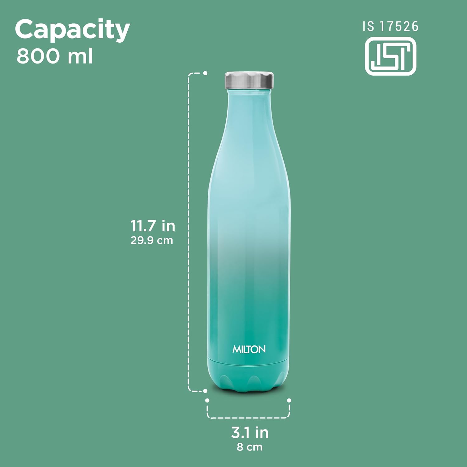 Milton Prudent Thermosteel Bottle, 800 ml Water Bottle, 24 Hours Hot and Cold, Double Wall Vacuum Insulated, Water Bottles, Tea Flask/Coffee Flask for Sports, Travel, Aqua Green