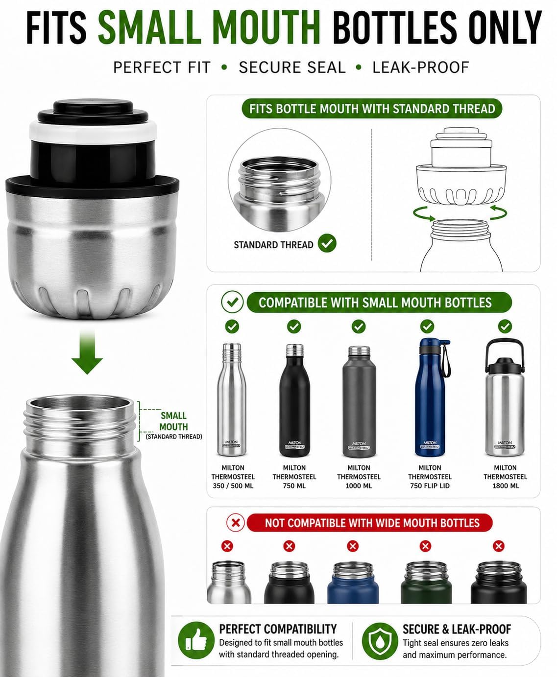 Stainless Steel Bottle Lid with Silicone Ring | Leakproof Replacement Cap | compatible with 1000ml–2000ml Thermosteel Bottles | 1 Piece | 4.5 C.M Diameter