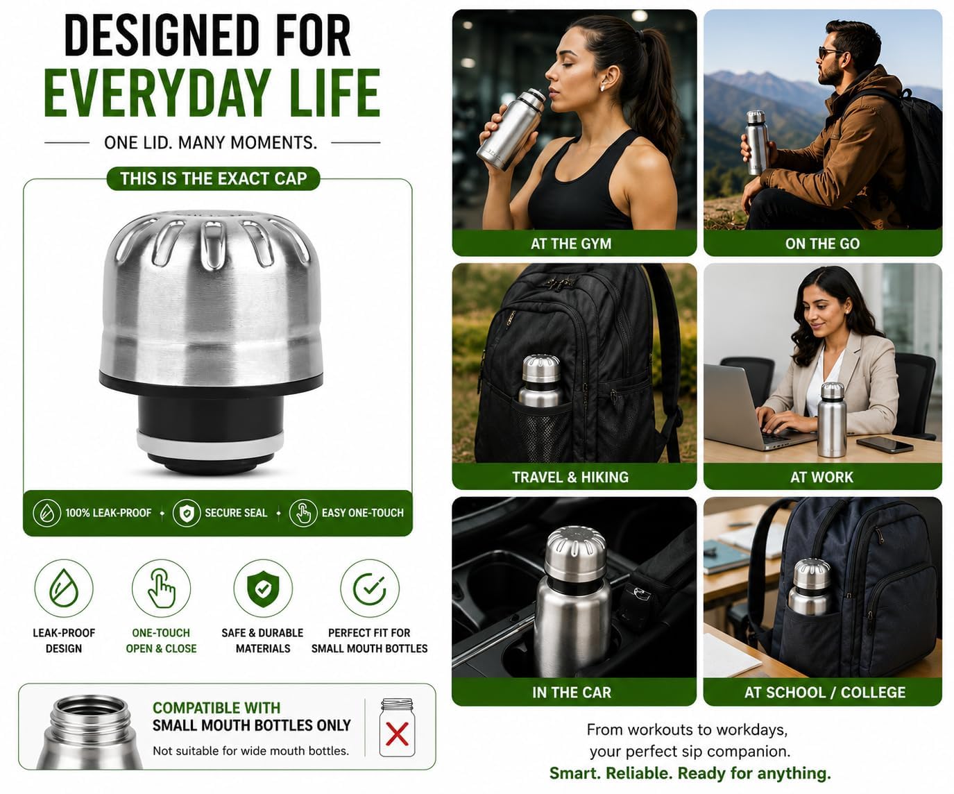 Stainless Steel Bottle Lid with Silicone Ring | Leakproof Replacement Cap | compatible with 1000ml–2000ml Thermosteel Bottles | 1 Piece | 4.5 C.M Diameter