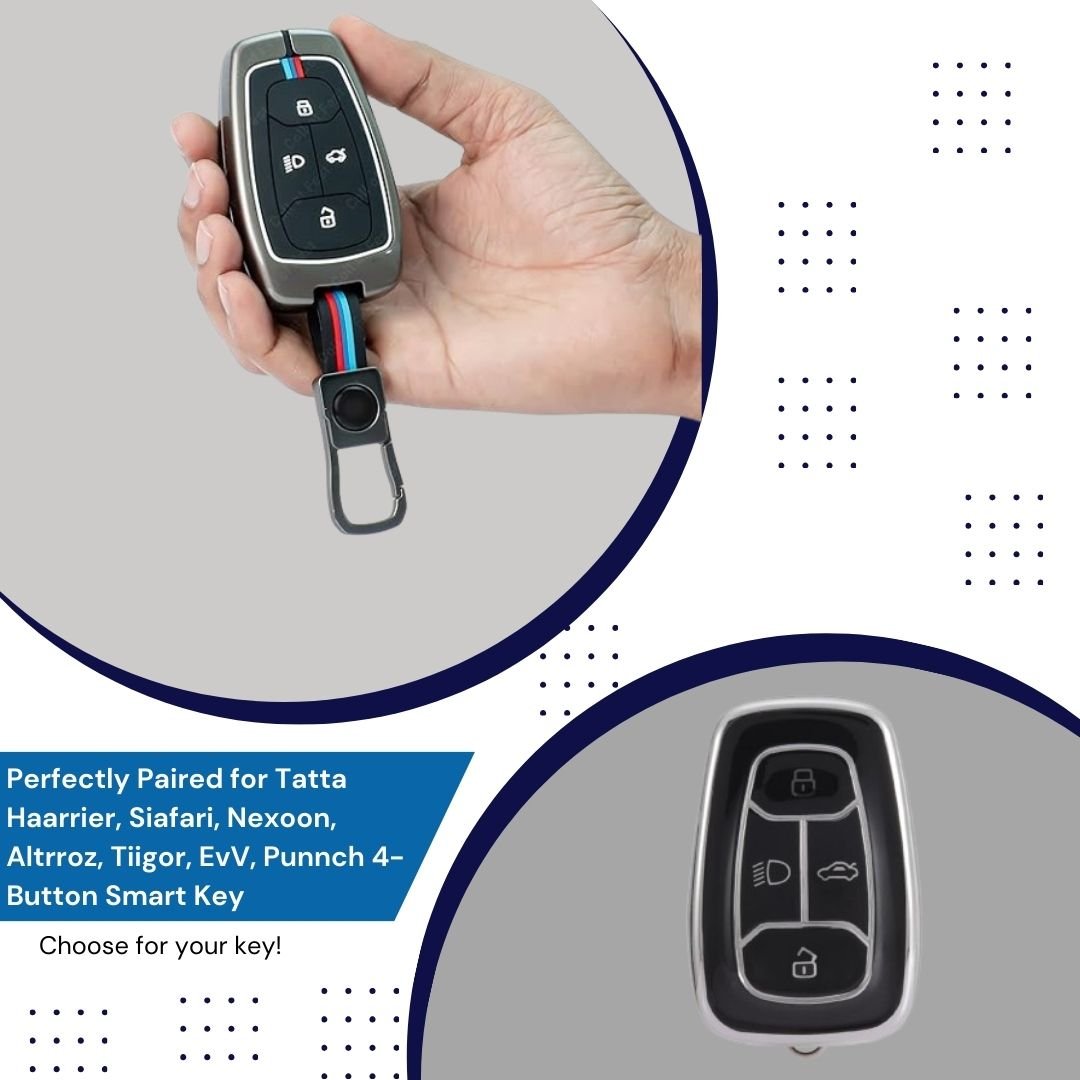 Protect your Tata car smart key in style with this Premium Metal Key Cover. Durable, stylish, and precisely designed for Harrier, Safari, Nexon, Altroz, EV, Punch, and Tiago EV 4-button smart keys. - Flymaster Shop