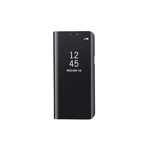 Realme Narzo 30A Clear View Electroplate Mirror Flip Case with Protective Glass Cover - Stylish Polycarbonate Design for Ultimate Protection (Black) - Flymaster Shop