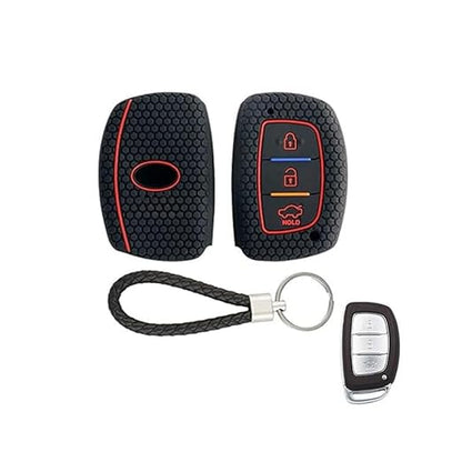Silicone Key Cover for Hyundai Elite i20, Active20, Aura, Verna, Xcent, Tucson, Elantra – Black 3-Button Smart Key Cover with KC Mini Keyring - Flymaster Shop
