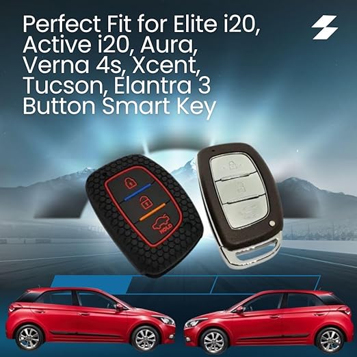 Silicone Key Cover for Hyundai Elite i20, Active20, Aura, Verna, Xcent, Tucson, Elantra – Black 3-Button Smart Key Cover with KC Mini Keyring - Flymaster Shop