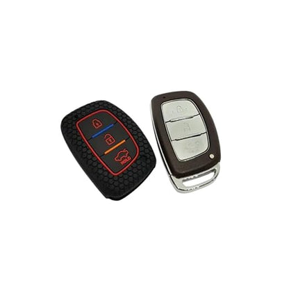 Silicone Key Cover for Hyundai Elite i20, Active20, Aura, Verna, Xcent, Tucson, Elantra – Black 3-Button Smart Key Cover with KC Mini Keyring - Flymaster Shop