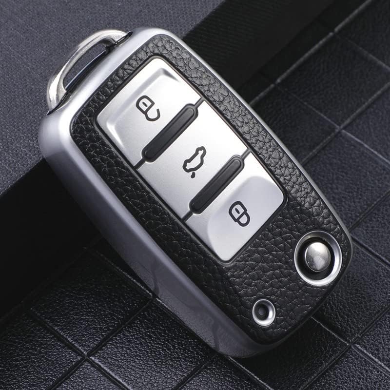 TPU Leather Key Cover for VW & Skoda Folding Keys – Silver Black | Fits Polo, Vento, Jetta, Ameo, Skoda Rapid & More - Flymaster Shop