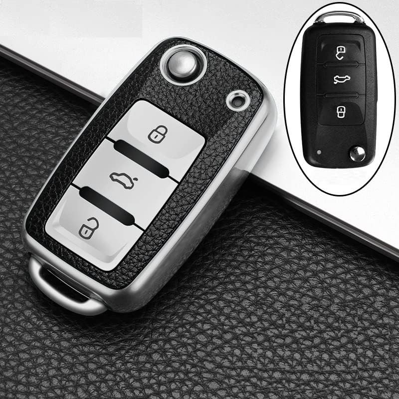 TPU Leather Key Cover for VW & Skoda Folding Keys – Silver Black | Fits Polo, Vento, Jetta, Ameo, Skoda Rapid & More - Flymaster Shop