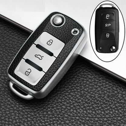 TPU Leather Key Cover for VW & Skoda Folding Keys – Silver Black | Fits Polo, Vento, Jetta, Ameo, Skoda Rapid & More - Flymaster Shop