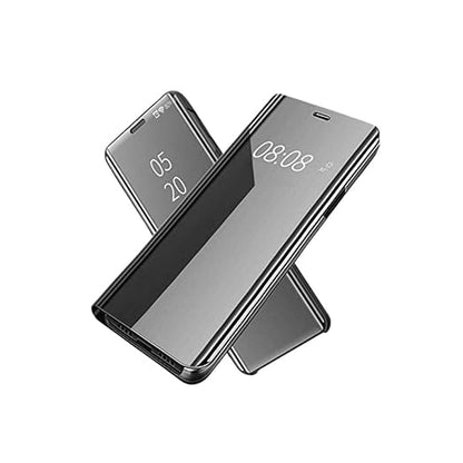 Vivo V20 Pro Clear View Electroplate Mirror Flip Case with Protective Glass Cover - Stylish Polycarbonate Design for Ultimate Protection (Black) - Flymaster Shop